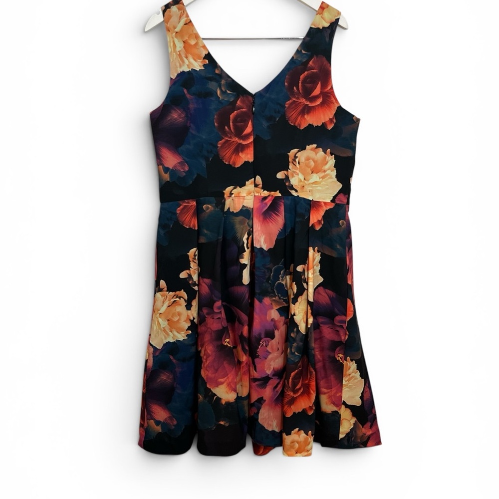 City Chic Black Floral V-Neck Pleated Mini Dress with Orange and Cream Blooms